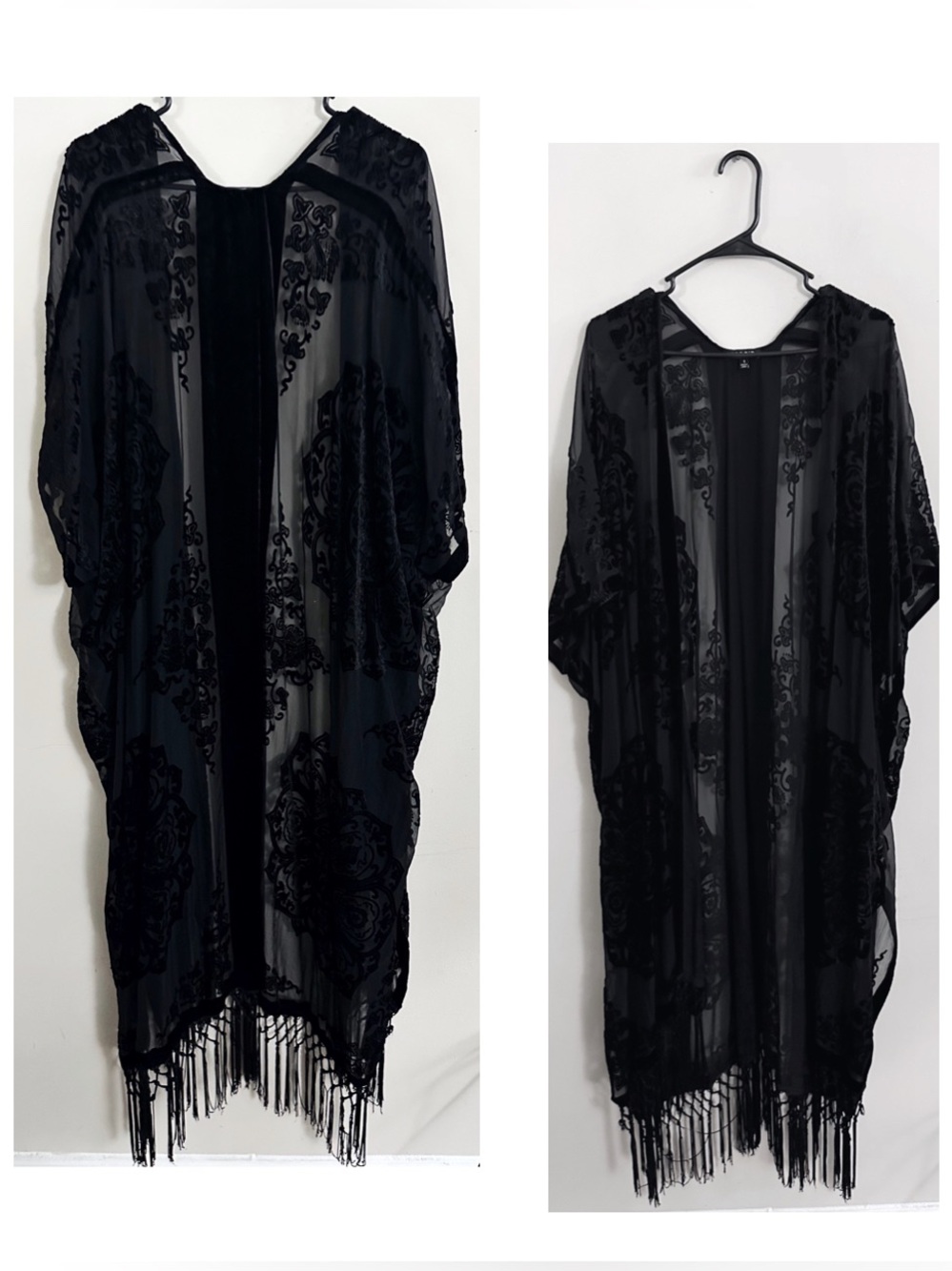 torrid Black Velvet Brocade Sheer Burnout Print Fringe Kimono Whimsygoth Boho